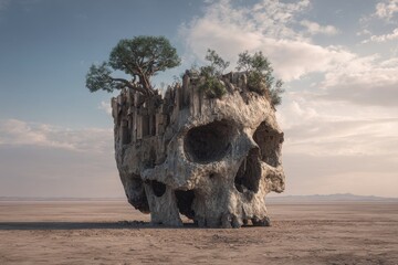 Surreal Desert Ruins: Ancient Skull with Lush Tree Amidst a Parched Landscape