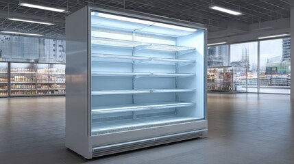 3D Render of Supermarket Freezer Mockup with Empty Shelves in Contemporary Store Environment