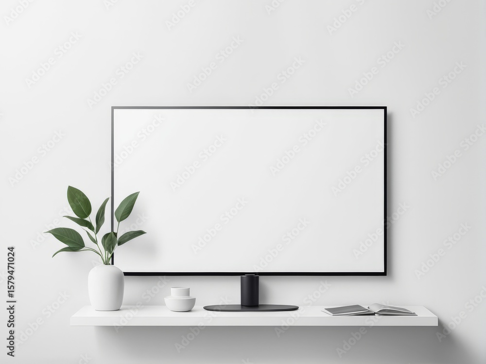 Poster computer monitor with blank white screen on table. 3d image, mockup mock up