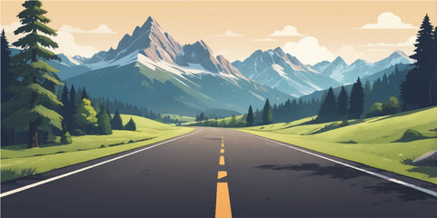 Winding asphalt highway leading through a scenic mountain landscape under a vast sky, perfect for a summer road trip