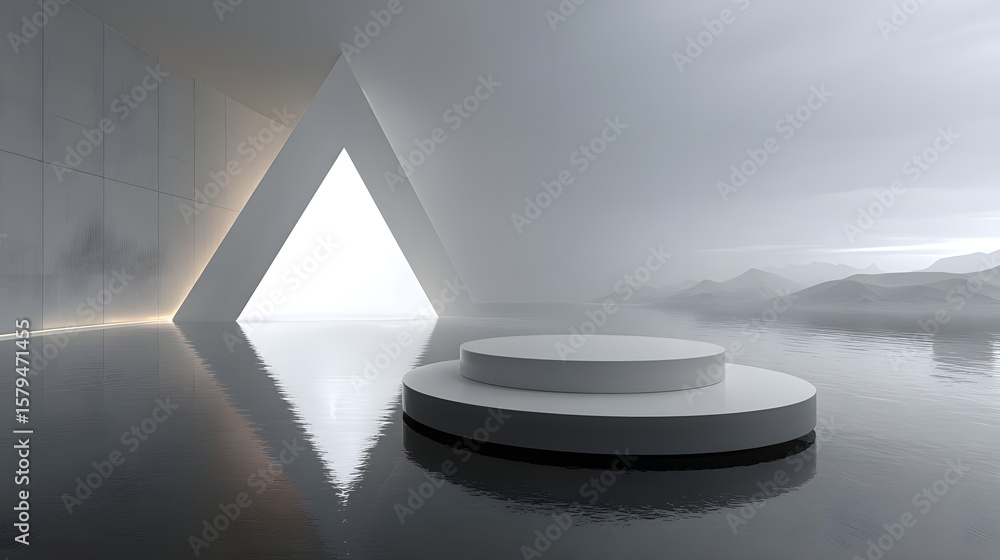 Poster d renders abstract minimalist geometric white background with triangles and reflections in the water