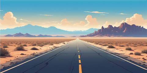 Empty asphalt highway winds through a dry desert valley towards the distant California mountains at sunset, a solitary journey on the horizon © nur