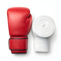 Red Boxing Glove And White Hand Wrap Bandage Representing Martial Arts Training Combat Sport Fighting Fitness Equipment Protection Gear

