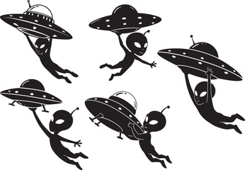 Aliens Flying Holding UFO Plane Cartoon silhouette