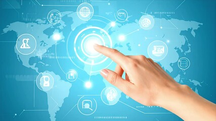 A hand pointing at a glowing, interactive, digital world map interface - Powered by Adobe