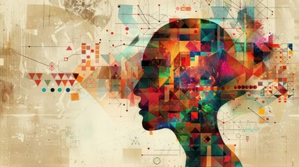 Abstract depiction of a person's mind, filled with colorful geometric shapes and interconnected data streams