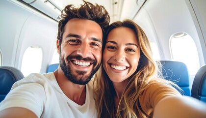 Fototapeta premium Happy couple taking selfie on airplane