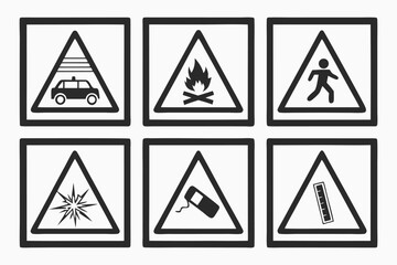 Black and White Warning Sign Icons with Various Symbols