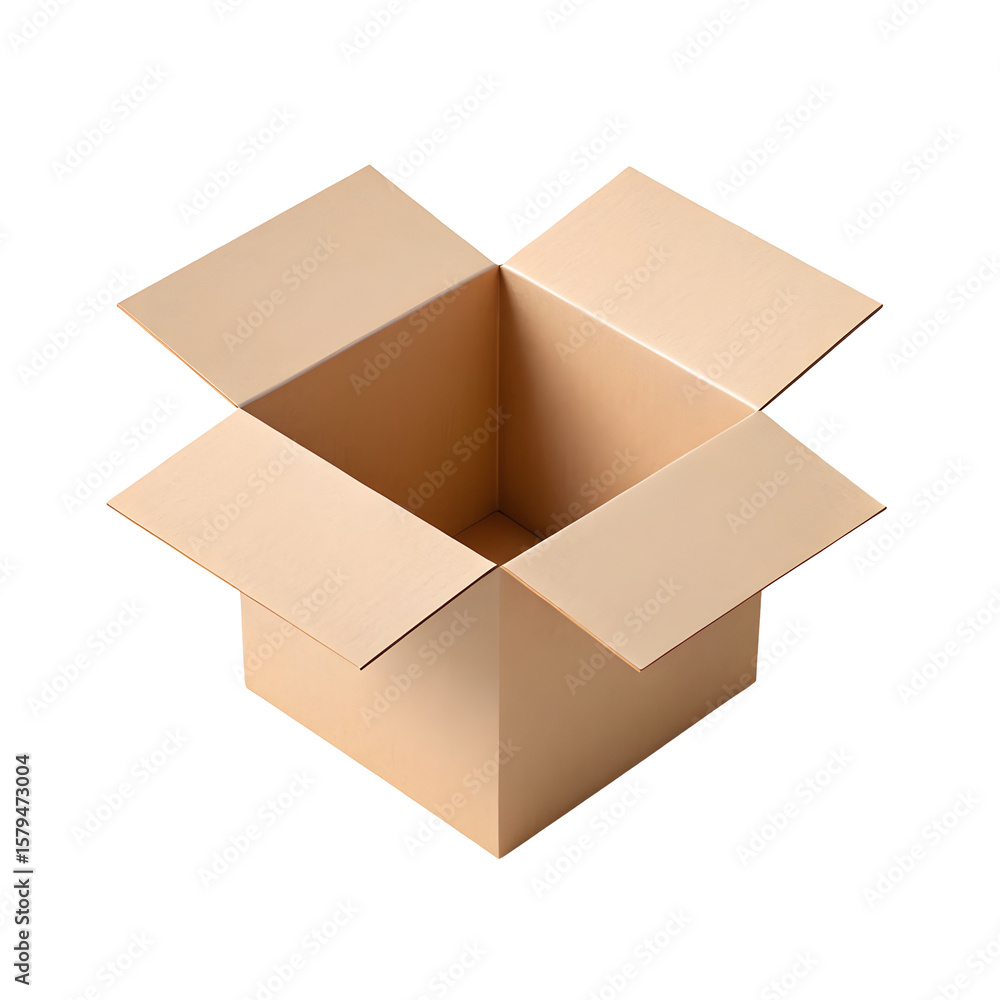 Poster open cardboard box with flaps spread wide isolated on transparent background