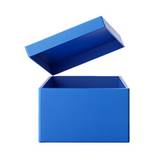 Open blue gift box with lid tilted back isolated on transparent background