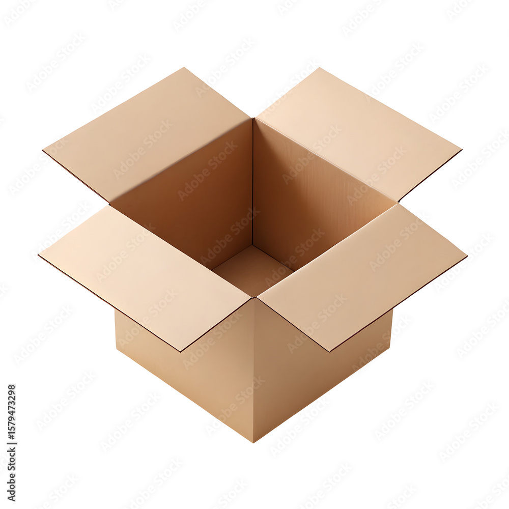 Poster open cardboard box with flaps spread wide isolated on transparent background