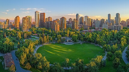 City park at sunset. Lush greenery, expansive grassy area, urban skyline