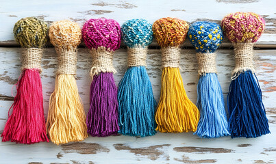 Colorful Yarn Tassels with Jute Wraps on Weathered White Wood Su