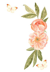 Elegant watercolor floral corner frame composition with peach peonies, green leaves, butterflies on white background. Hand-painted perfect for wedding invitations, cards, romantic stationery design © Ekaterina