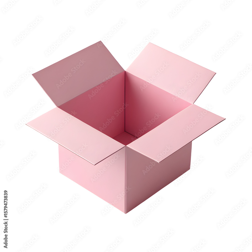 Poster open empty light pink cardboard box with flaps open isolated on transparent background