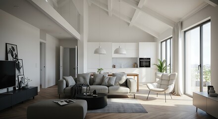 Fototapeta premium Modern, bright interior with a living area, kitchen, and large windows, showcasing a contemporary design.