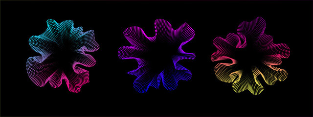 Set of multicolored abstract sound dots wave oscillations. Sound curve. Digital equalizer. Colorful neon template for music poster and banner. Vector radial spectrum.