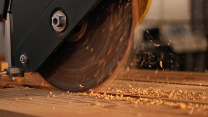A skilled artisan uses a circular saw to cut through wooden planks in a workshop filled with tools. The process generates wood chips and sparks, showcasing craftsmanship - Powered by Adobe