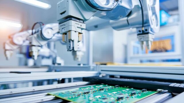 Robotic arms efficiently assemble electronic circuits at a high-tech facility, showcasing automation and precision in manufacturing processes while enhancing productivity and accuracy