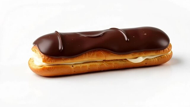 Delicious eclair pastry coated in chocolate and filled with vanilla cream on a white background, a sweet dessert indulgence.