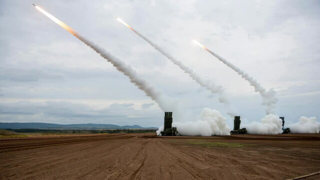 Missiles are launched from multiple positions in a remote training area, illustrating military capabilities and advanced technology in an impressive display of firepower