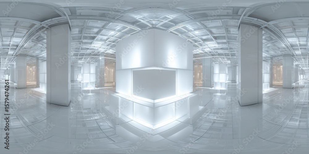 Poster 360-degree panoramic environment map of bright white geometric cube shapes with illuminated elements