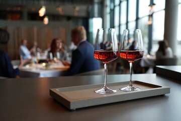 Two glasses of red wine sitting on tray in fancy modern elegant restaurant waiting for service. Well dressed people eating and talking in background, enjoying meal and special event.