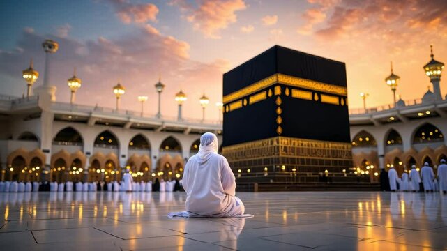 At sunset, worshippers gather near the Kaaba in Mecca, engaged in deep reflection and prayer. The atmosphere radiates spirituality and serenity as the day ends