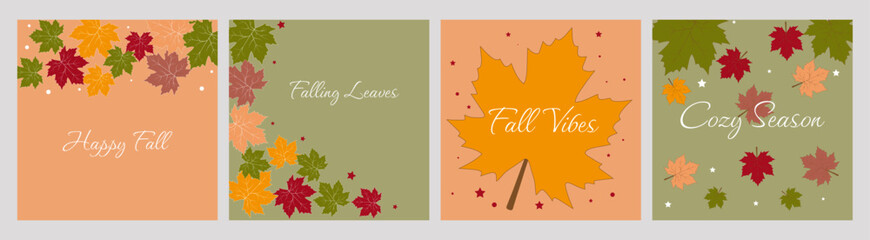 Set of autumn cards with inscriptions and maple leaves. Warm colors, phrases Happy Fall, Falling Leaves, Fall Vibes, Cozy Season. Ideal for autumn design and greetings, vector, illustration