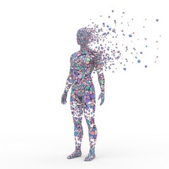 A digital human figure made of vibrant, shattered glass or mosaic tiles falls apart, symbolizing fragmentation or data loss
