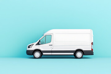 Fototapeta premium A white delivery van in a studio setting, positioned against a plain, light blue background offering a clean, minimalist aesthetic and copy space.