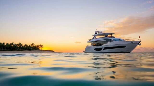 A luxury yacht floats gracefully on tranquil waters as the sun sets behind a tropical island. The sky showcases stunning colors, creating a picturesque moment of serenity