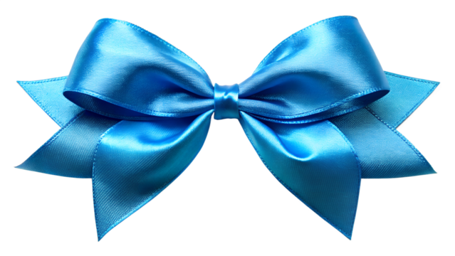 A shiny blue satin ribbon bow, isolated on transparent background, adds a touch of elegance and festivity to any gift, decoration, or celebration, perfect for holidays and special events