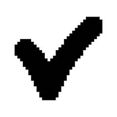 Checkmark templates in pixel art style. Black solid confirmation symbol. Tick, success, labels. Isolated on white background.