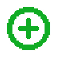 Plus templates in pixel art style. Green solid addition symbol. Add, increase, labels. Isolated on white background.