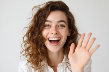Portrait of Joyful Caucasian Woman Engaging in Video Call, Smiling and Waving during Virtual Meeting
