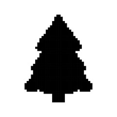 Christmas Tree templates in pixel art style. Black solid holiday silhouettes. Fir, festive, labels. Isolated on white background.
