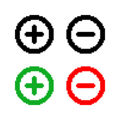 Obraz premium Set of Plus and Minus templates in pixel art style. Black outline, green, and red operation symbols. Add, subtract, zoom, labels. Isolated on white background.