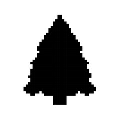 Obraz premium Christmas Tree templates in pixel art style. Black solid holiday silhouettes. Fir, festive, labels. Isolated on white background.