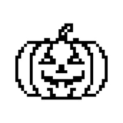 Fototapeta premium Halloween Pumpkin templates in pixel art style. Black spooky face silhouette. Jack-o'-lantern, festive, labels. Isolated on white background.