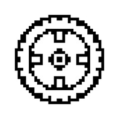 Wheel templates in pixel art style. Black mechanical silhouettes. Cogwheel, vehicle element, labels. Isolated on white background.