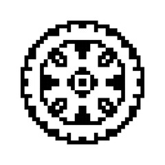 Fototapeta premium Wheel templates in pixel art style. Black mechanical silhouettes. Cogwheel, vehicle element, labels. Isolated on white background.