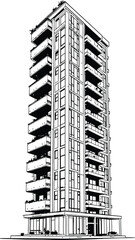 Black-and-White Vector Illustration of Modern High-Rise Building – 1-Item Architectural Silhouette