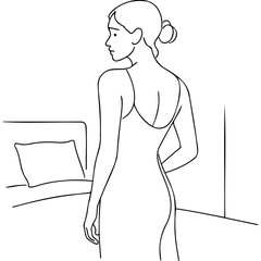 Fototapeta premium Woman turning back while standing in bedroom in casual attire 