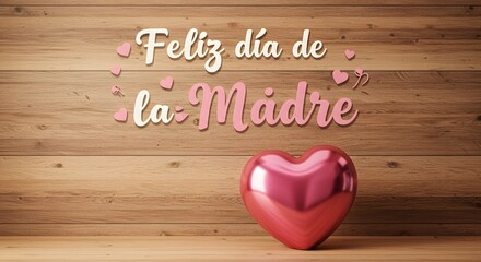 Celebrating Mother's Day, Feliz dia de la Madre, with a heart shaped balloon and a sweet greeting over wood backdrop conveying love and appreciation for mothers.