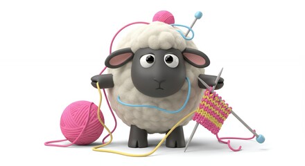 Cartoon sheep knitting with colorful yarn