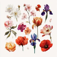 Vibrant collection of blooming flowers featuring various species in rich colors, arranged beautifully on a light background Generative AI