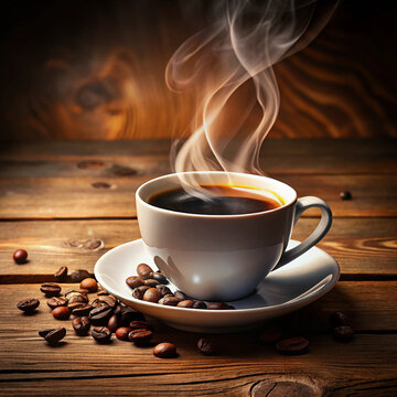 A cup of strong hot coffee on a wooden table