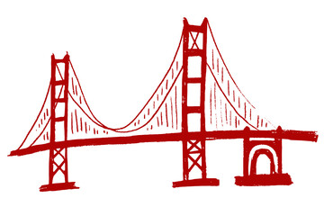 Red hand-drawn sketch of the Golden Gate Bridge in San Francisco, isolated on white background, with a rough textured style