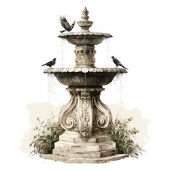 Elegant stone fountain surrounded by greenery with birds bathing in the sun during a warm afternoon Generative AI